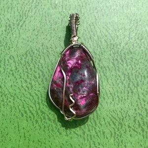 Rhodonite Wire wrapped silver pendant handmade